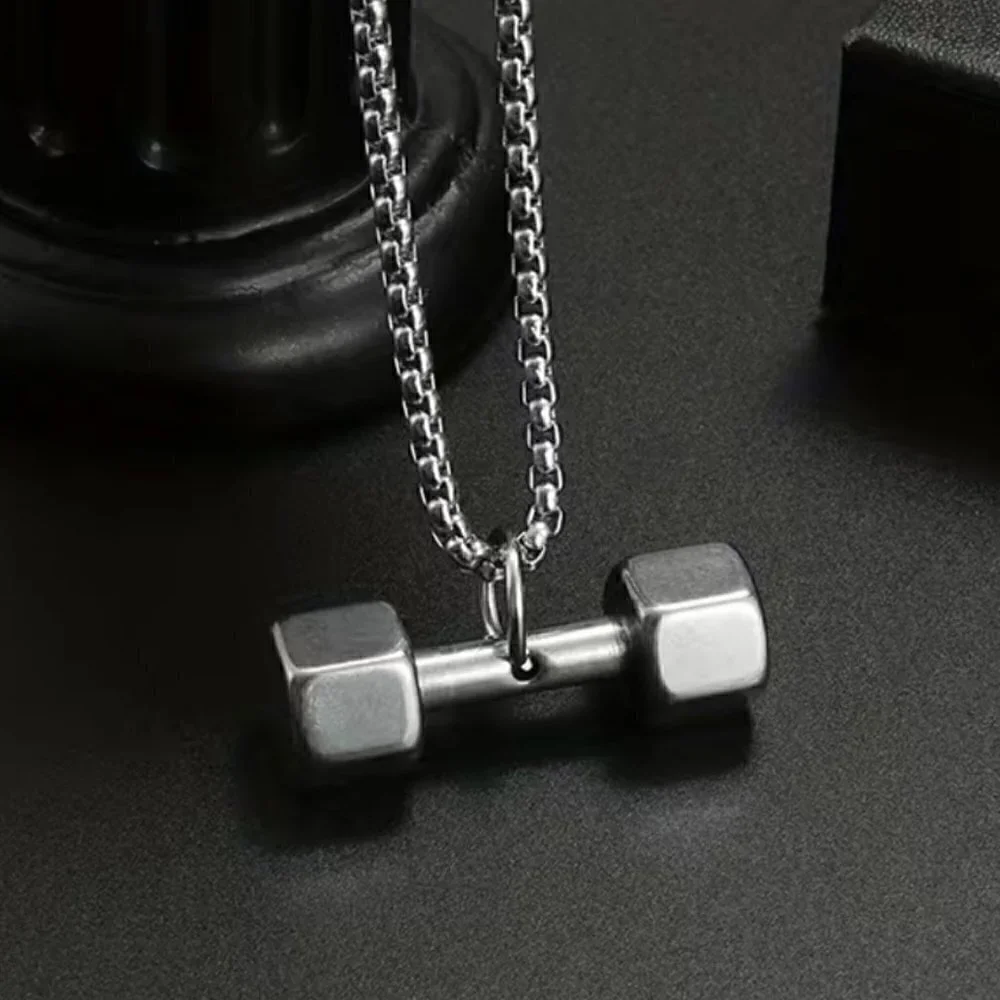 Dumbbell Tapered Weights Pendant and Necklace Stainless Steel (#846)